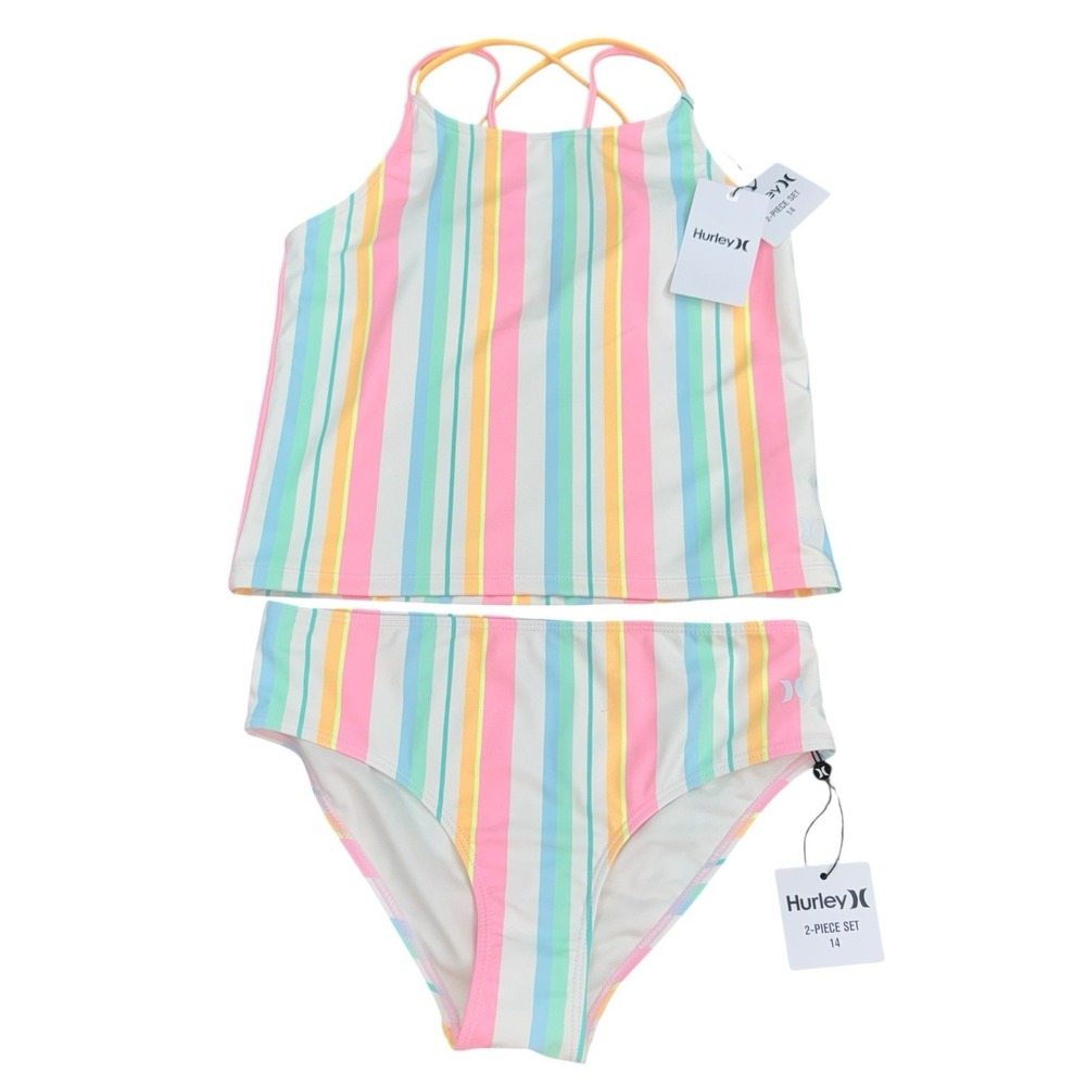 NEW Hurley‎ 2pc Swimsuit Striped Tankini Pale Ivory Multi Girls Size 14 Vacation